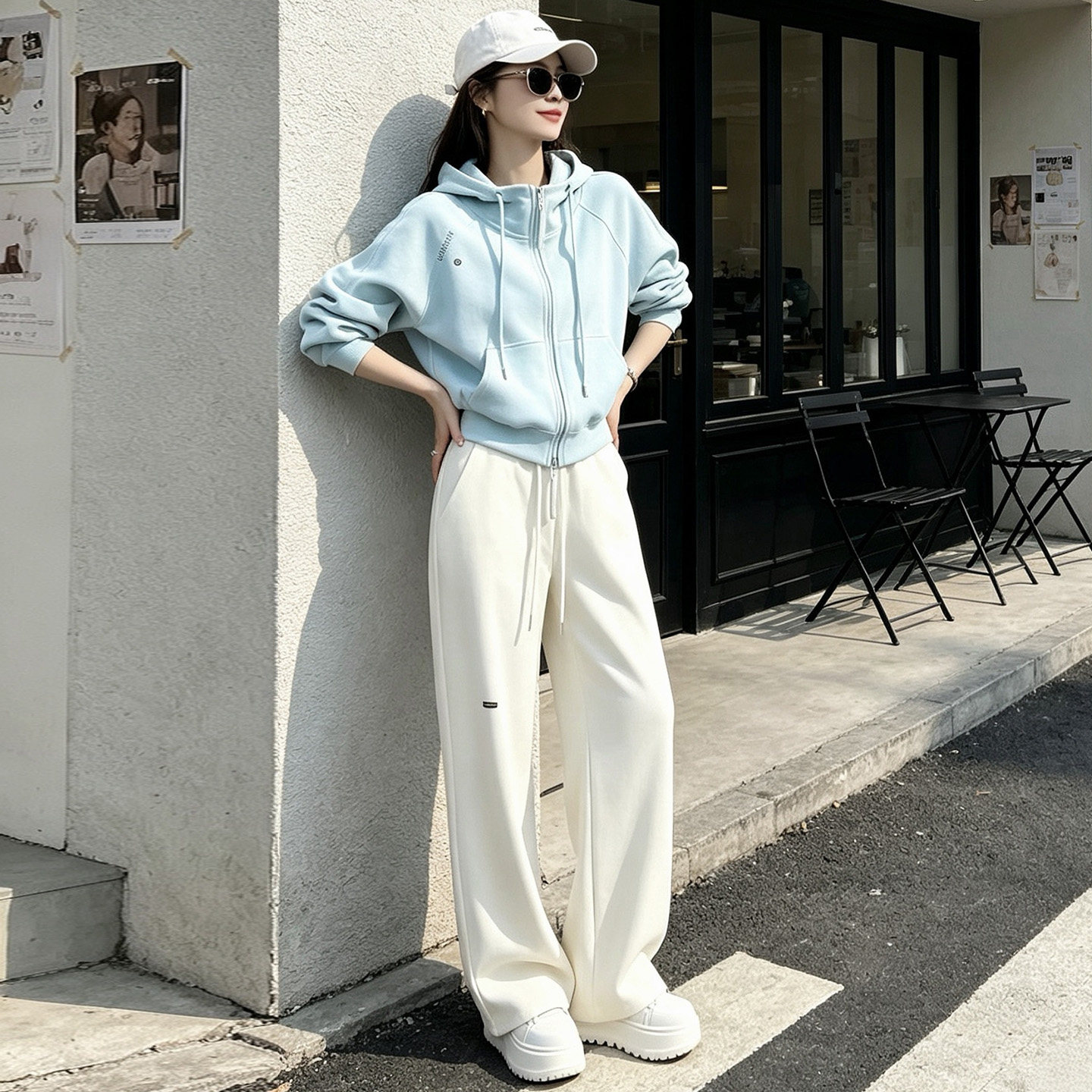 温柔风连帽卫衣阔腿裤两件套女