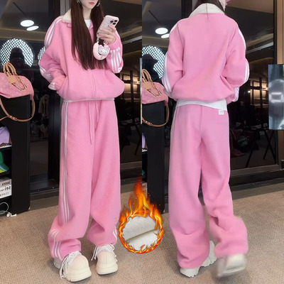 秋冬羊羔绒加厚阔腿裤运动套装