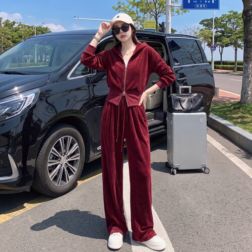 秋冬丝绒连帽阔腿裤女套装