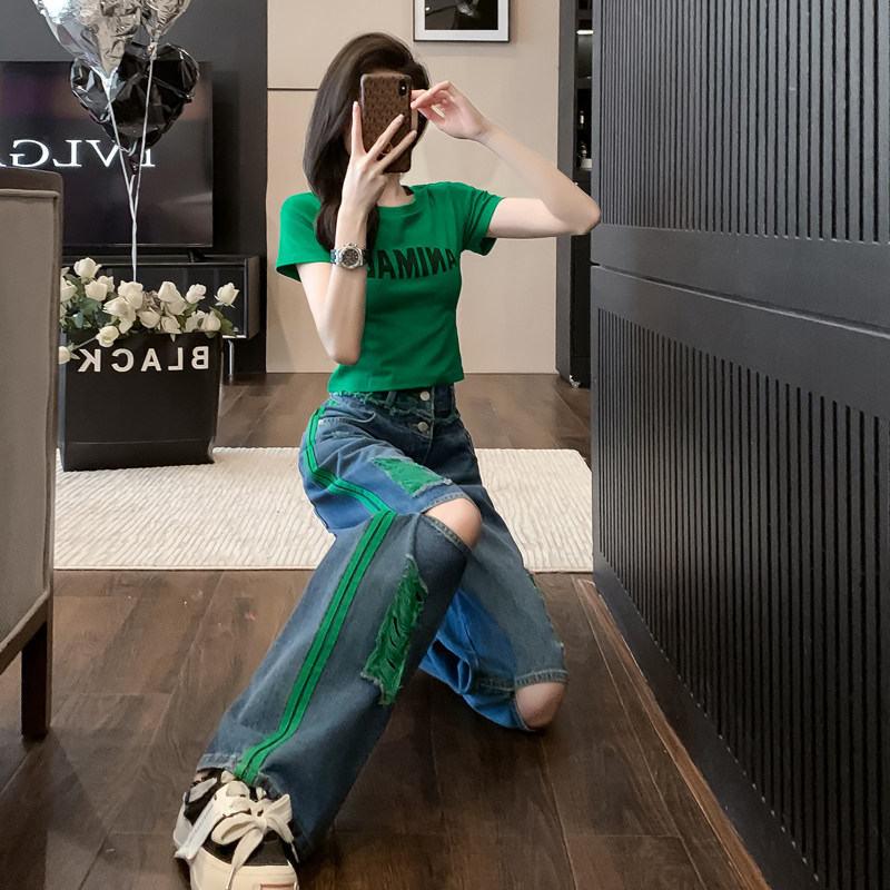 绿色短袖短款T恤时尚套装休闲高腰个性破洞薄款牛仔裤女两件套夏
