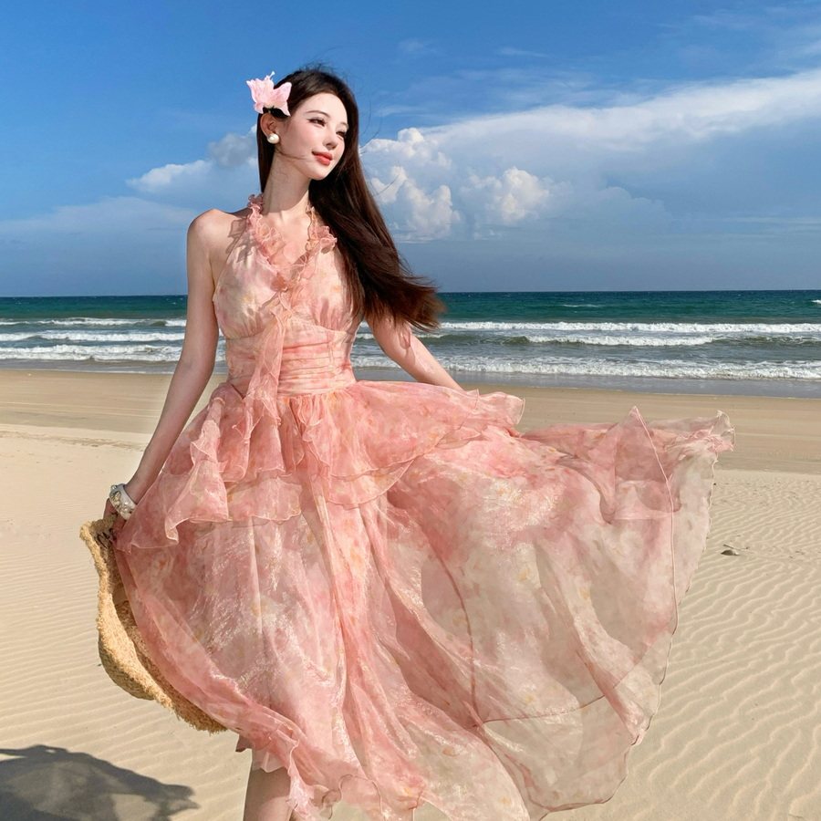 实拍 荔枝花茶度假仙气碎花连衣裙夏日绝美小长裙