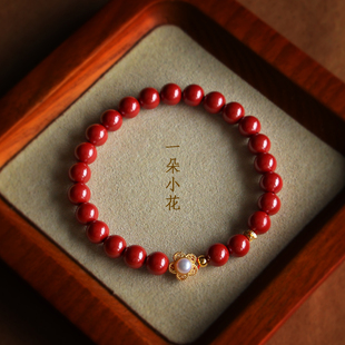 天然朱砂925银珍珠小花6mm圆珠帝王砂紫金砂手链手串