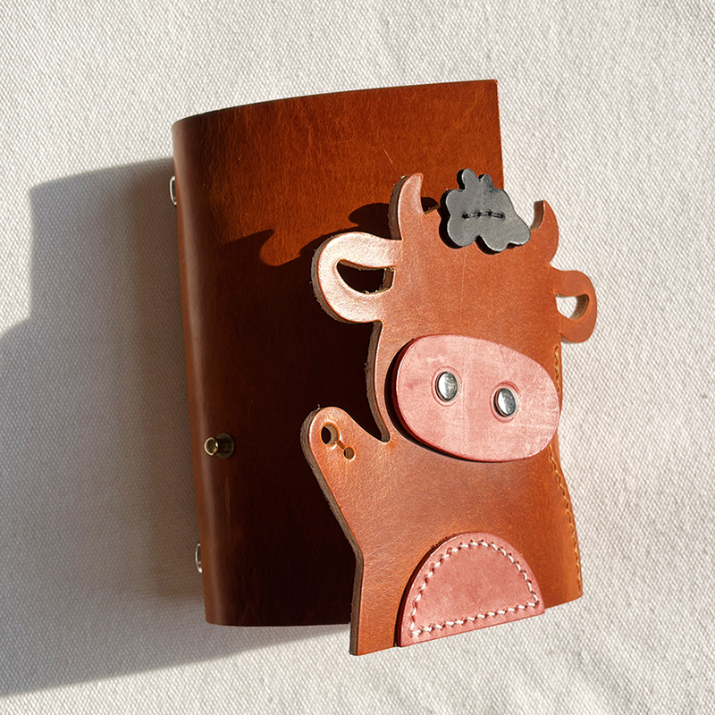 手缝复古真皮卡通牛牛手账本头层牛皮日落黄色A7记事本便携笔记本