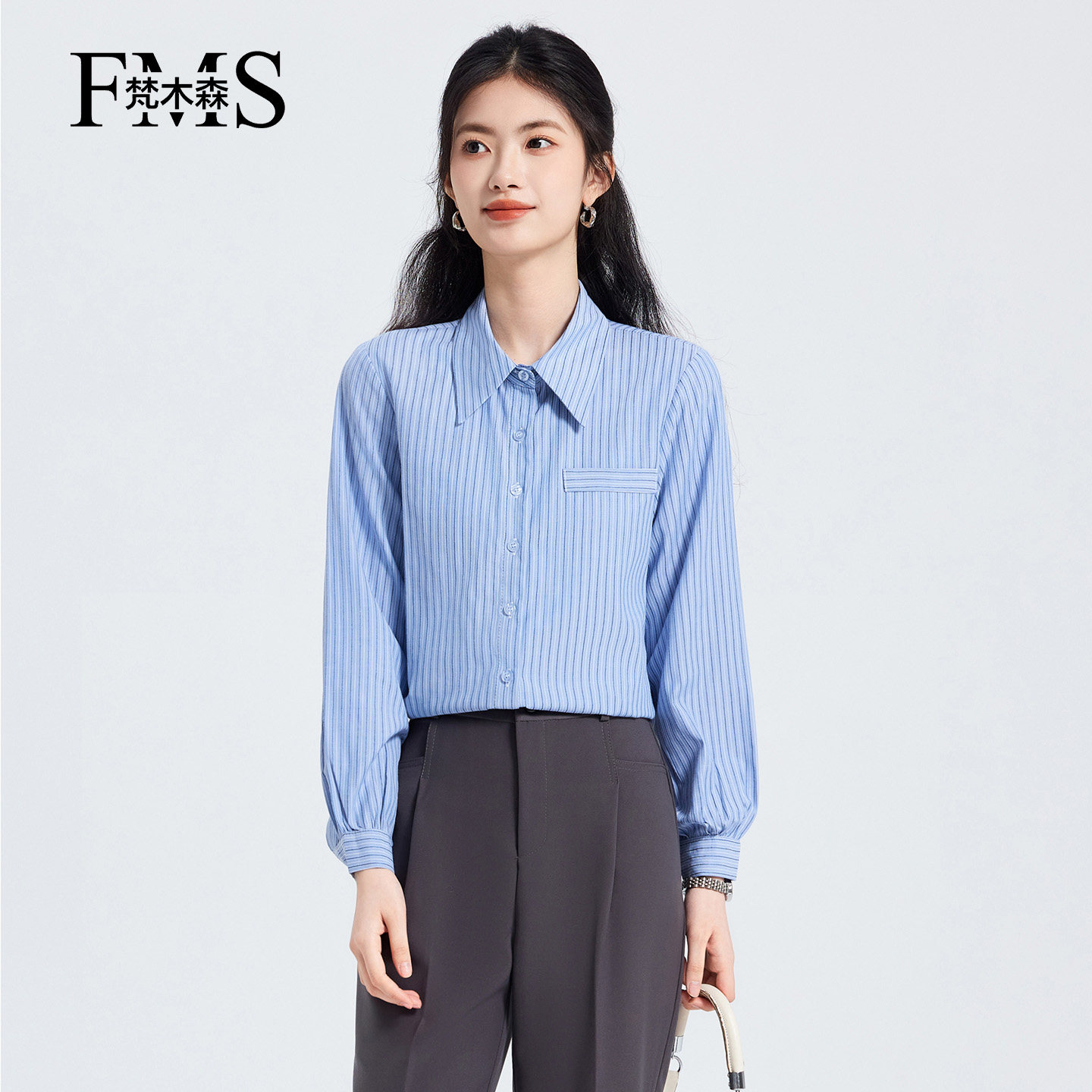 梵木森学院风蓝条纹长袖衬衫女