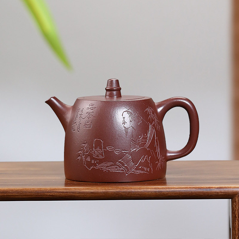 汉铎紫砂壶沈丹手工刻绘老者品茶图原矿龙血砂泡茶壶中式工夫茶具