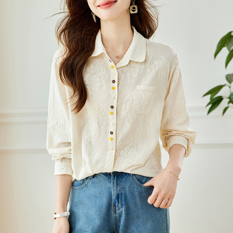宽松百搭杏色绣花衬衫女长袖2025春秋彩扣娃娃领上衣纯棉刺绣衬衣