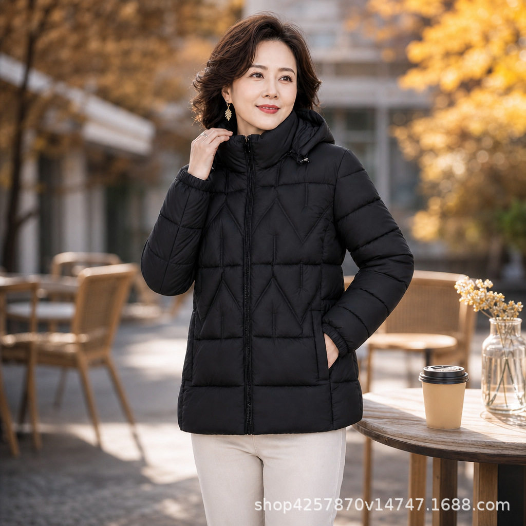 秋冬女士可拆卸连帽棉服菱形衍缝棉衣女装休闲加厚外套黑色中老年