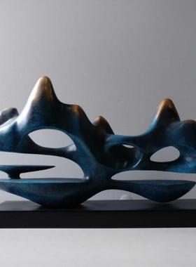 新中式风蓝色禅意样板房山水摆件