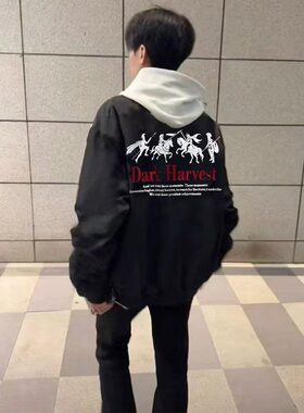 国潮牌美式飞行夹克男秋冬新款高街拉链情侣棒球服战马印花外套潮