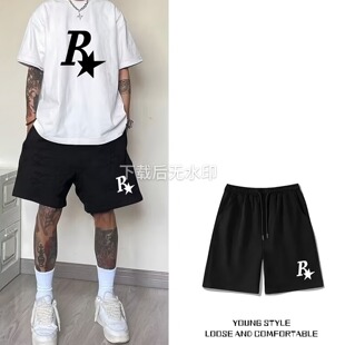 ins潮牌百搭宽松抽绳运动五分裤 男夏季 简约字母印花休闲短裤 美式