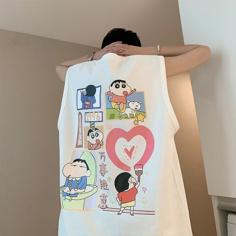 清仓捡漏卡通蜡笔小新无袖背心男女夏季潮牌外穿坎肩无袖t恤宽松