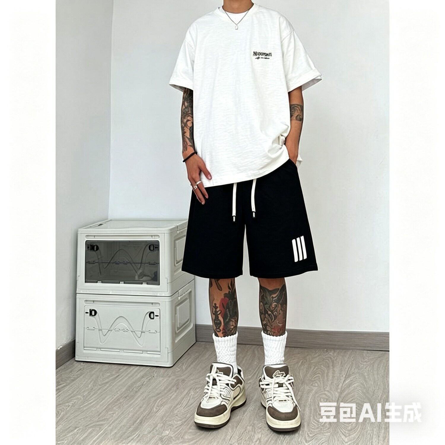 美式高街潮牌简约三条杠印花休闲大码五分裤男生夏季宽松篮球短裤