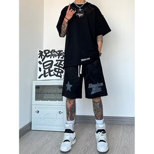 美式篮球运动短裤男加肥加大码夏季潮牌印花五分裤宽松抽绳休闲裤