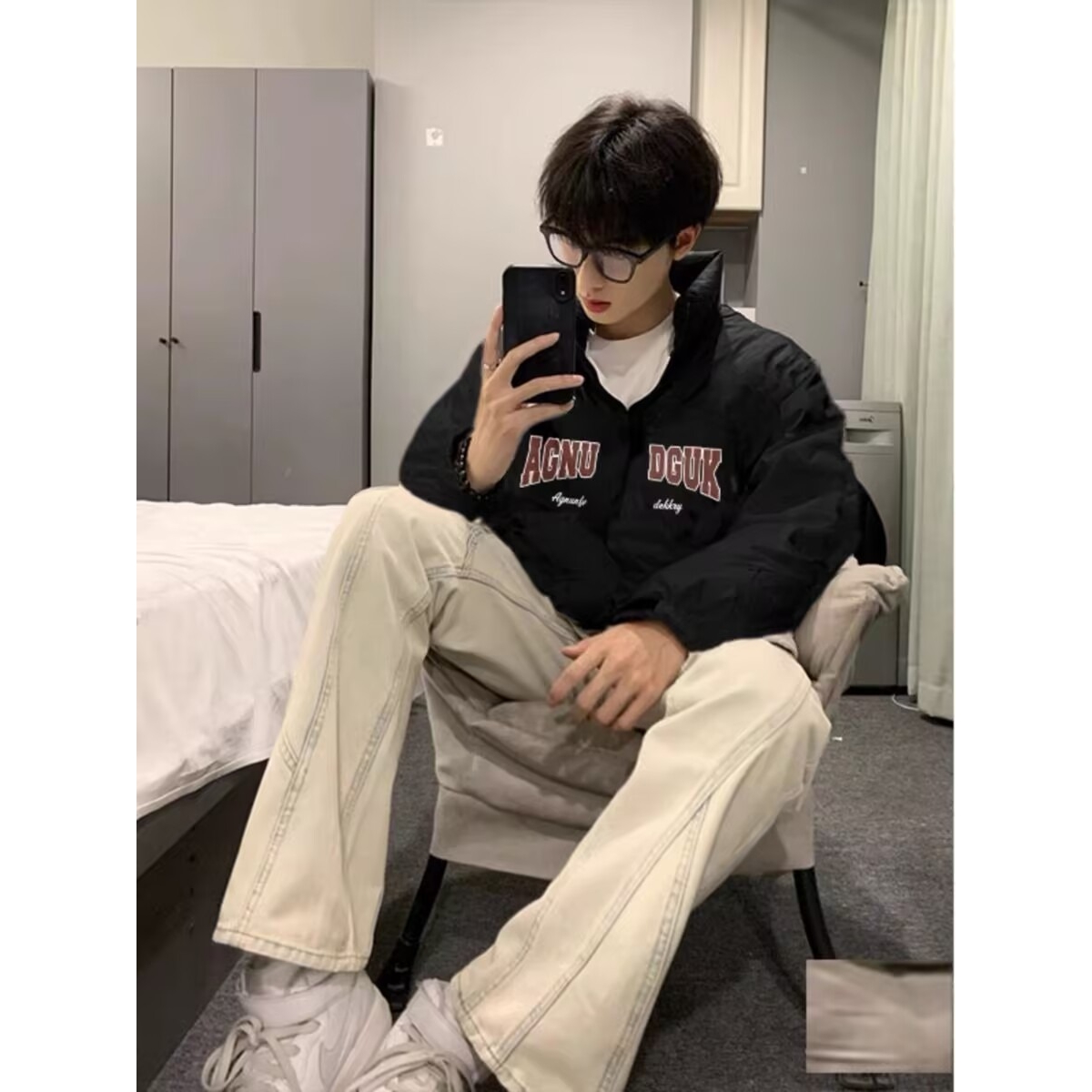 美式ins潮牌字母印花立领棉服男冬季宽松加厚保暖棉衣外套面包服