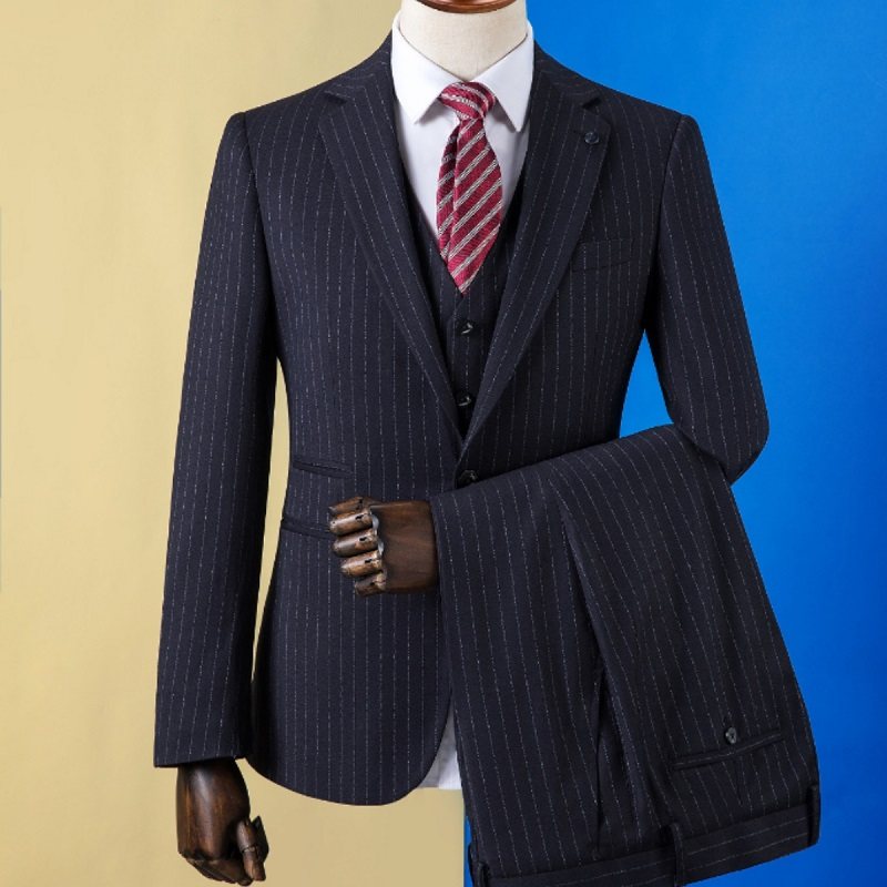 藏蓝色条纹新郎结婚礼服量身定制