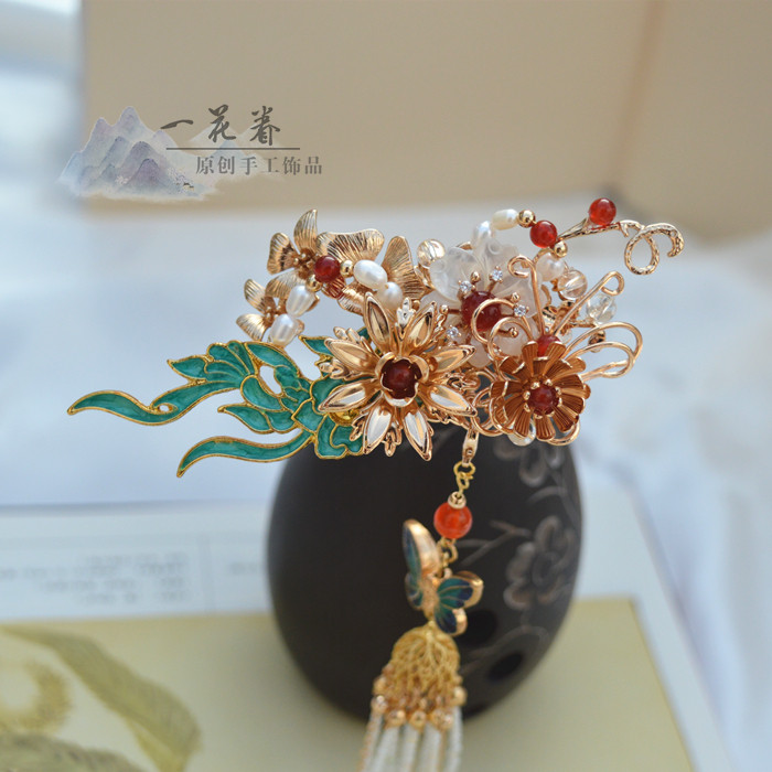 露华浓一花眷烧蓝古装头饰发簪步摇钗汉服古代流苏步摇仿点翠