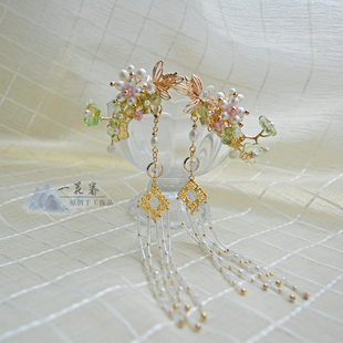 菖蒲汉服旗袍配饰盘发日常头饰少女小清新黄绿色古风对夹长流苏