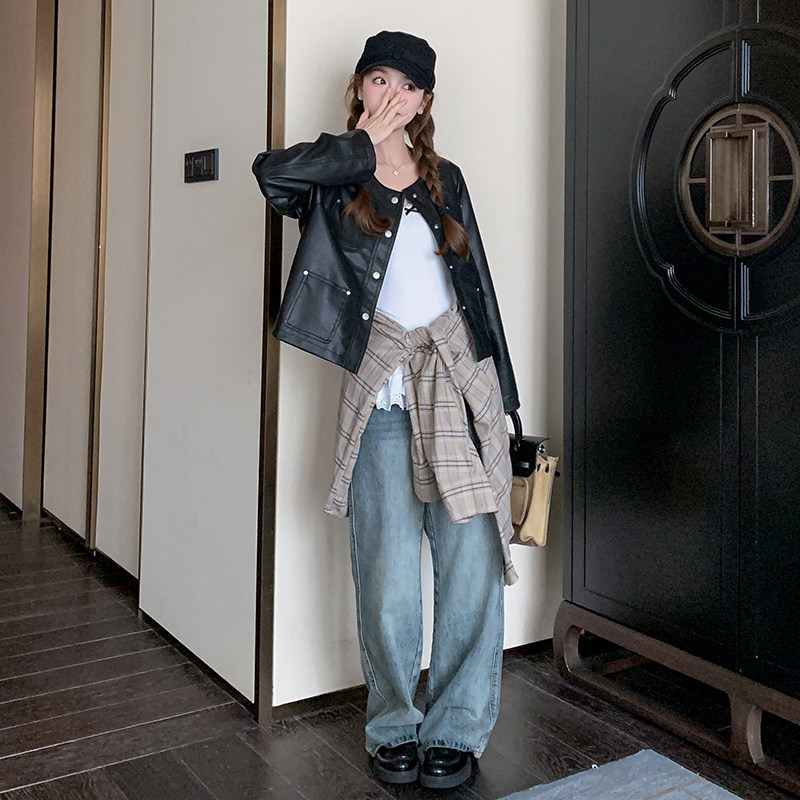 黑色短款PU皮衣外套女2025年春季新款美式小个子洋气炸街机车夹克,女装皮衣,2C200