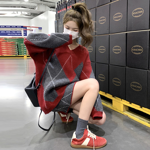 撞色菱格针织套装裙女2025春季新款洋气好看V领上衣半身裙两件套图片