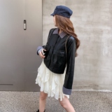 设计感条纹拼接黑色皮衣外套女2025年秋季新款小个子复古pu皮夹克，女装皮衣，2C200