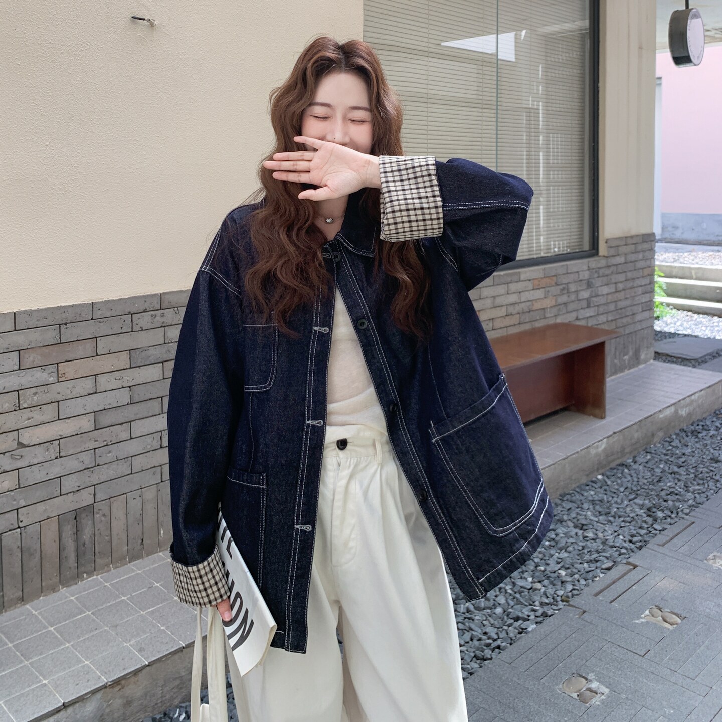 【】拼接格子袖口大口袋牛仔外套2C200-2528-P155-K228,女装短外套,2C200