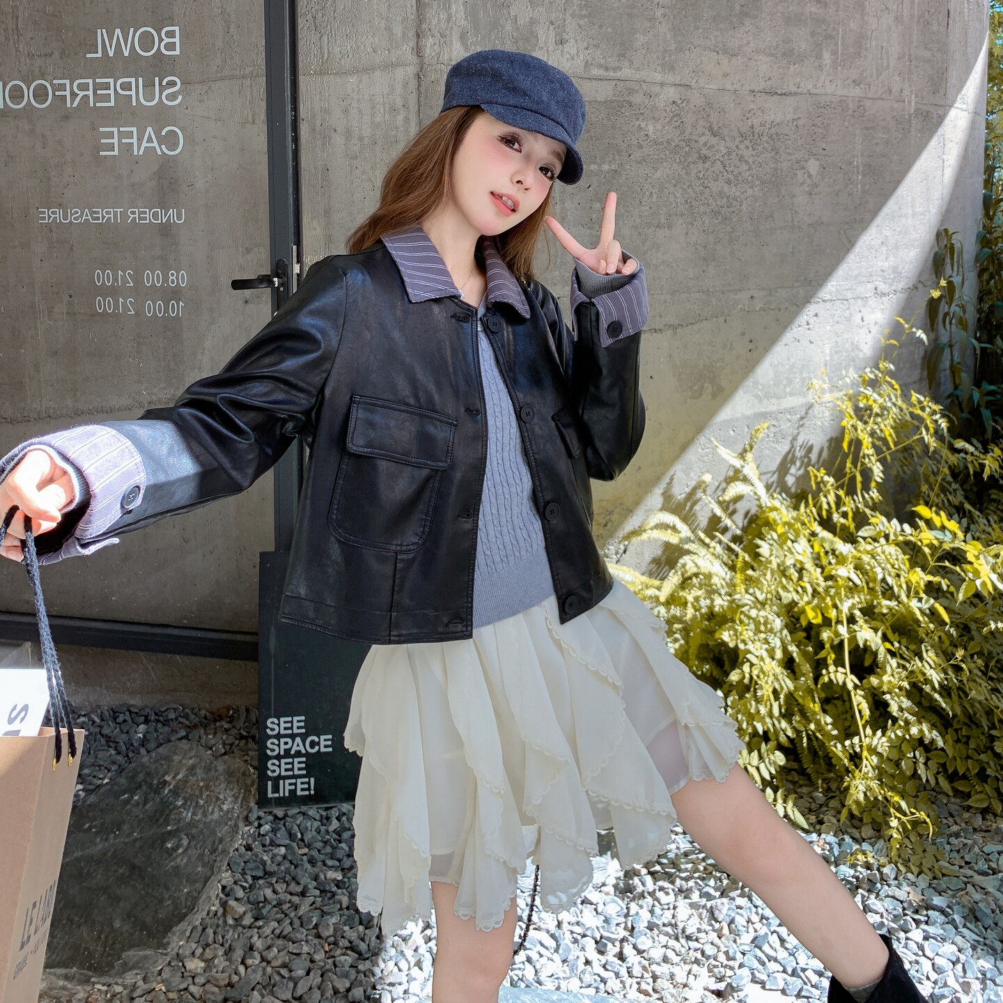 设计感条纹拼接黑色皮衣外套女2025年秋季新款小个子复古pu皮夹克,女装皮衣,2C200