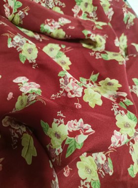 杭州丝绸红底碎花弹力双乔皱桑蚕真丝绸制衣服装面料布料宽1.3米