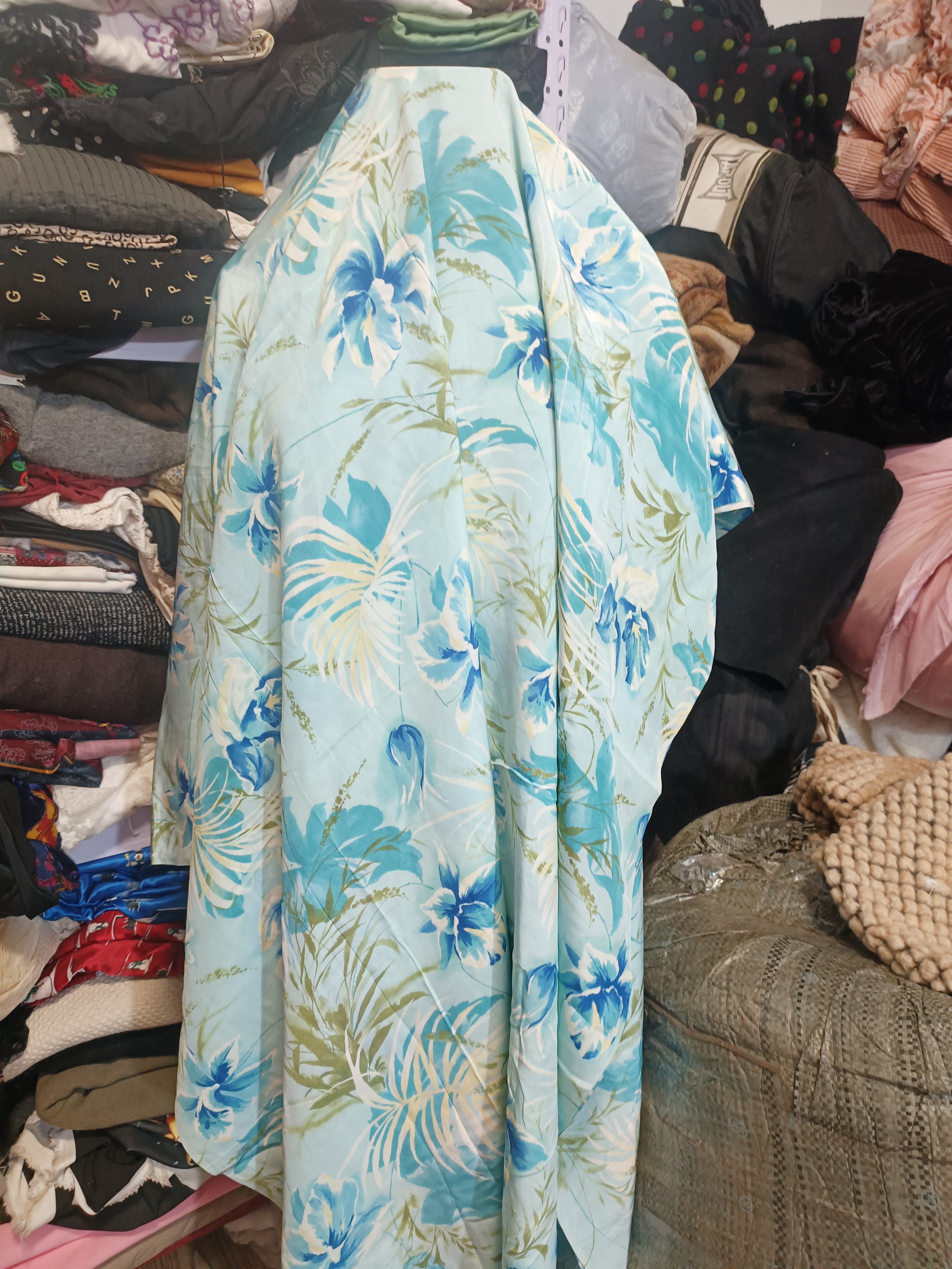 桑蚕丝绸03双皱浅蓝花叶印花真丝汉服连衣裙子制衣服装面料宽1.14