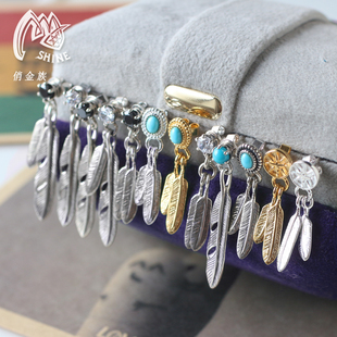 ms纯银印第安羽毛耳钉GS风格男士女士手工复古简约时尚绿松泰银新