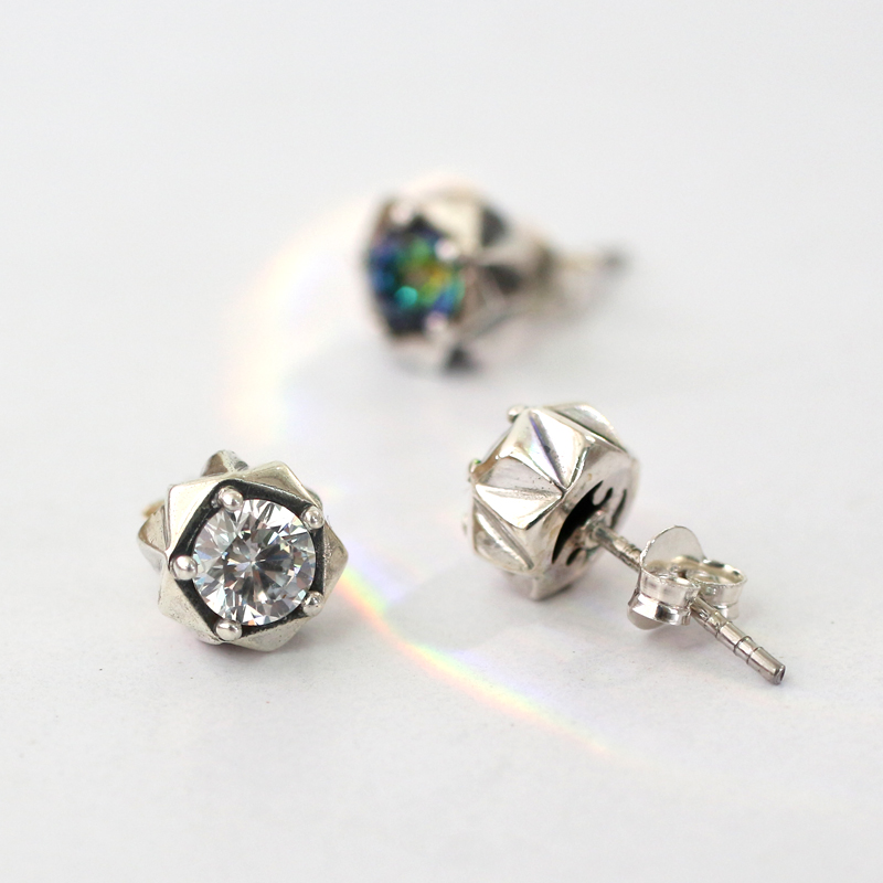 纯银日韩彩石通用复古耳钉