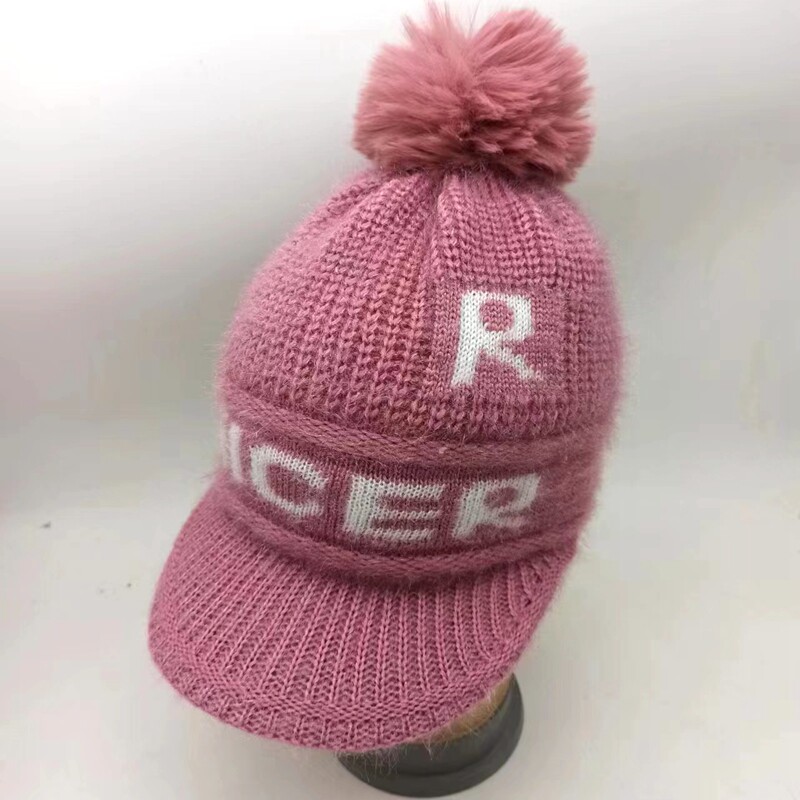 冬季粉色女士毛线帽针织加绒加厚保暖户外防寒双层短帽檐毛球顶帽