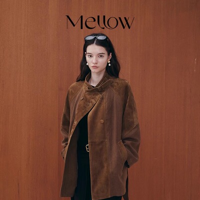 MELLOW SENSE立领复古反绒山羊麻料撞色拼接工装外套简约帅气 女