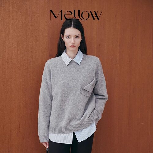 MELLOW SENSE法式温柔极简风不规则口袋设计秋冬羊毛打底毛衣 女