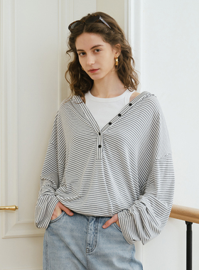 MELLOW SENSE春季薄款莱赛尔慵懒风上衣条纹亨利领长袖连帽T恤