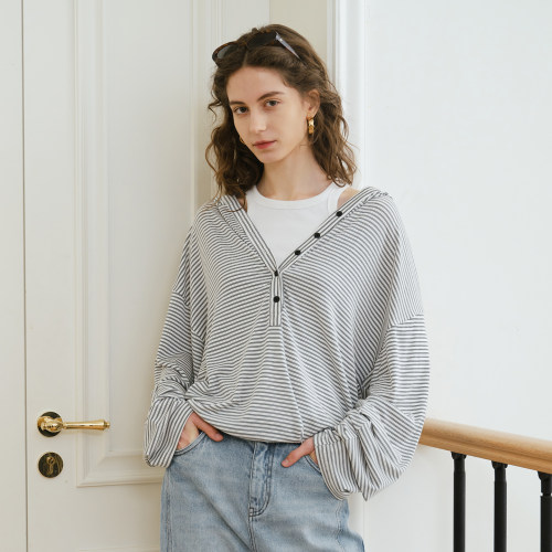 MELLOW SENSE春季薄款莱赛尔慵懒风上衣条纹亨利领长袖连帽T恤