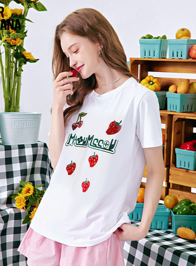 MIKIBANA纯棉白色短袖T恤女2024新款草莓印花短上衣夏季JM2ZB0088