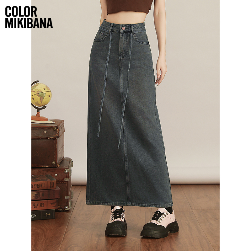 MIKIBANA牛仔半身裙女新款高腰复古显瘦工装一步a字裙J41JK3145