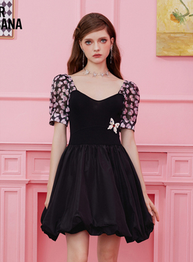 MIKIBANA泡泡袖法式连衣裙收腰雪纺灯笼裙蝴蝶绣花新款D32OD9402