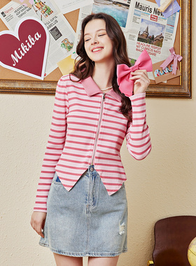 Mikibana多巴胺条纹甜酷小众翻领双头拉链长袖T恤春秋女J41TT3123