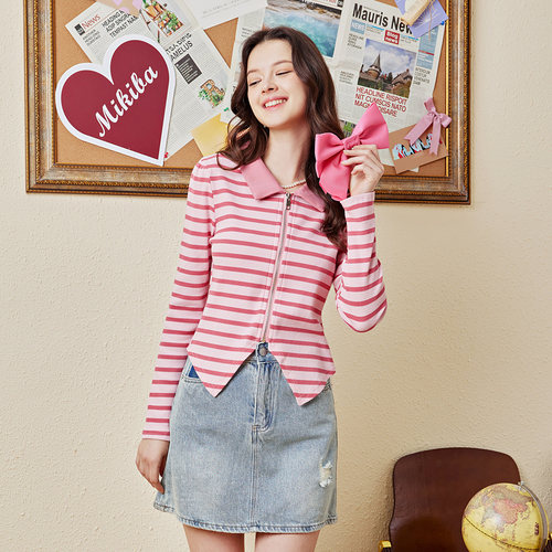 Mikibana多巴胺条纹甜酷小众翻领双头拉链长袖T恤春秋女J41TT3123
