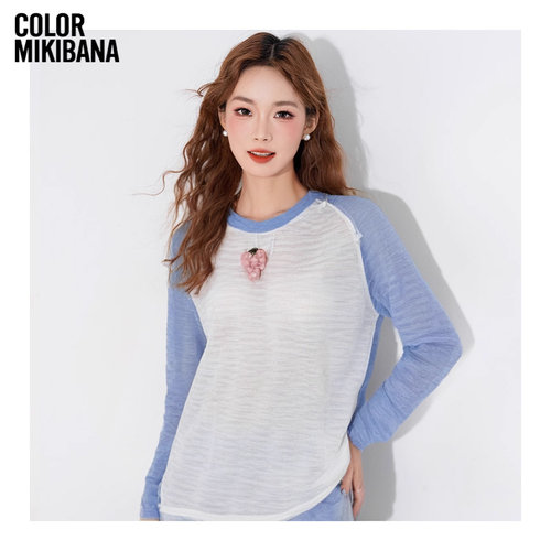 MIKIBANA撞色圆领插肩珍珠花朵长袖针织衫女J44TP3079