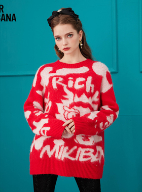 MIKIBANA绵羊毛新龙年红色毛针织衫拜年服24年春季新品Y41TP8001