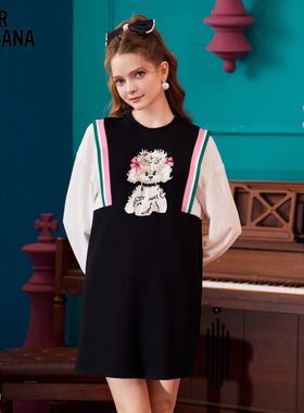 MIKIBANA拼接撞色印花连衣裙2024夏季新款黑色小众裙子Z33OD9183