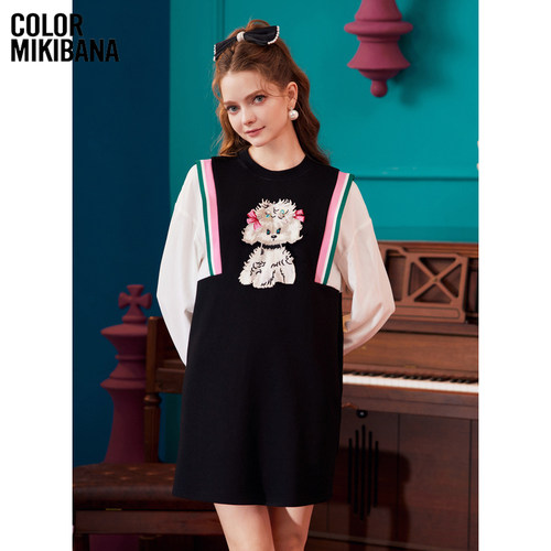 MIKIBANA拼接撞色印花连衣裙2024夏季新款黑色小众裙子Z33OD9183