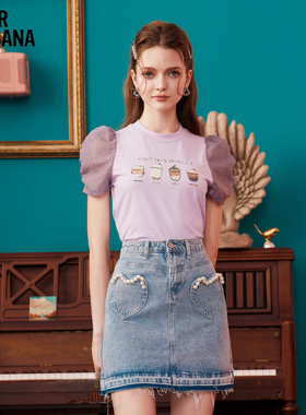 拼接泡泡袖印花T恤女夏季新款显瘦小众设计感短袖上衣Z32TT8886