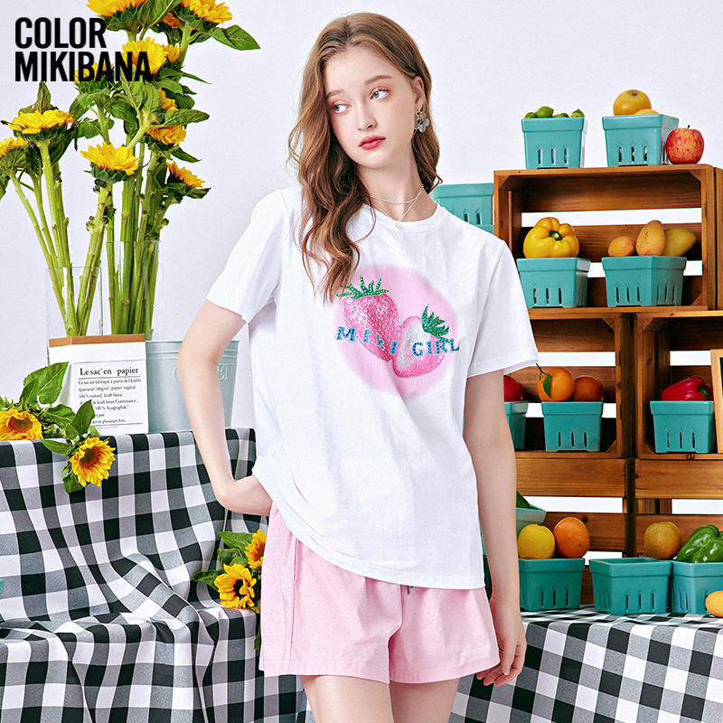 Mikibana烫钻数码印花草莓女式专版T恤透气舒适J42TT3004