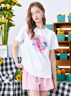Mikibana烫钻数码印花草莓女式专版T恤透气舒适J42TT3004