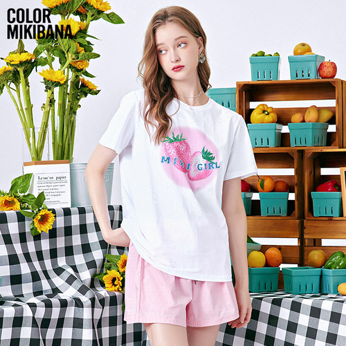Mikibana烫钻数码印花草莓女式专版T恤透气舒适J42TT3004