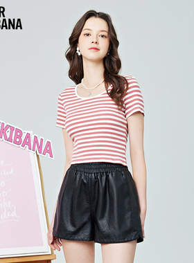 Mikibana经典条纹撞色U领修身短袖短款T恤上衣小衫女夏J41TT3101