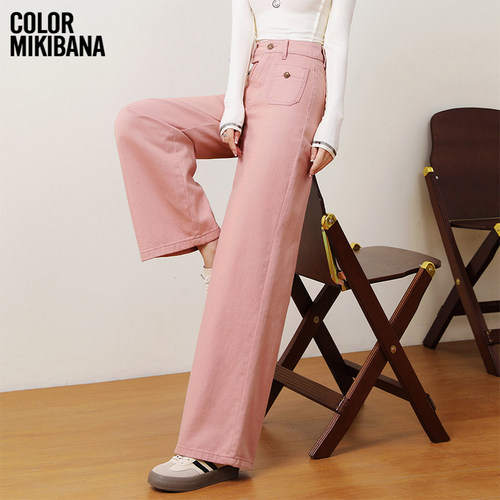 Mikibana美式复古甜酷粉红金属装饰高腰喇叭裤牛仔裤J41JP3016R13